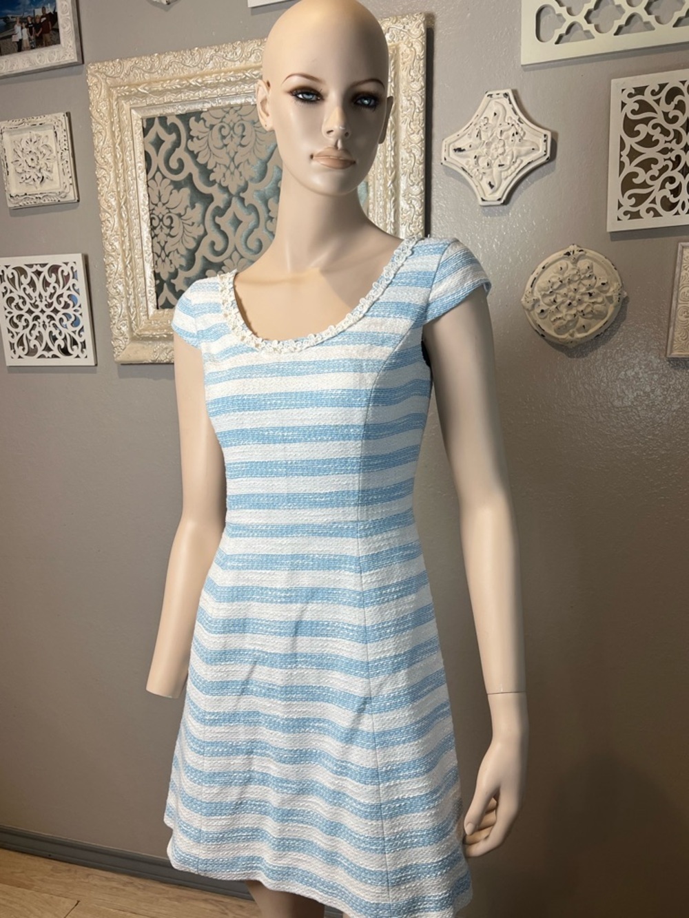 Lilly Pulitzer Light Blue and White Striped Cap-Sleeve Tweed Dress - Picture 2 of 12